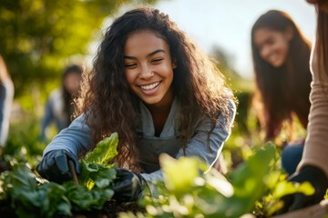 A group of teenage girls engaging in joyful gardening activities.