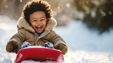 A joyful mixed-race toddler enjoying winter activities.