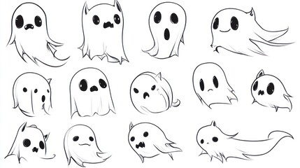 A collection of 15 cartoon ghosts in various poses.  They have different facial expressions and are drawn in a simple, black and white style.