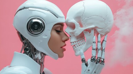 Wall Mural - woman in a white suit is holding a skull in her hand. concept of mystery and intrigue, as the woman'