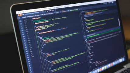 A computer screen displays a black and white code with a green, red, and blue color. The code appears to be a programming language