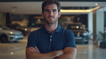 A confident man stands with arms crossed in a modern showroom filled with cars.