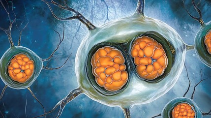 A detailed scientific visualization depicting the cellular biology of a dividing cell, emphasizing the fascinating process of cell reproduction and the role of stem cells in maintaining life