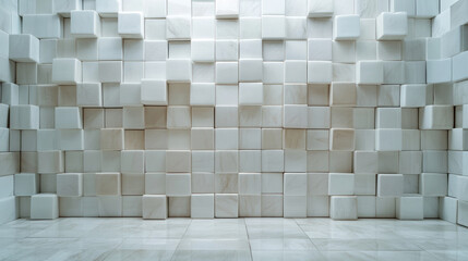 Poster - A modern interior view showcasing a wall made of stacked white cubes against a minimalist background.