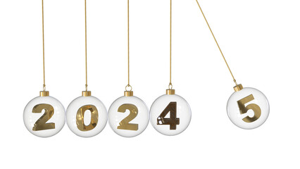 Wall Mural - 2025 coming up soon kicking 2024 golden digits in transparent glass bauble reflecting party invitati