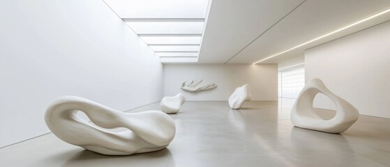 Sticker - The white room is filled with sculptures and a few white chairs