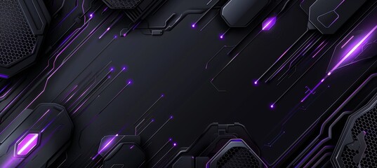 Wall Mural - black background with purple hexagons and glowing particles, creating an abstract, tech-inspired des