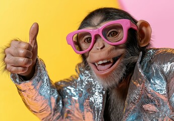 Wall Mural - a cheerful monkey wearing pink glasses and a shiny jacket gives a thumbs-up against a yellow backgro