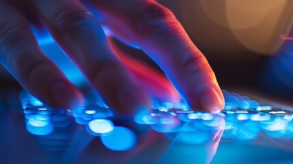 Person is touching a futuristic keyboard with colorful blurred lights, suggesting a technological and innovative environment