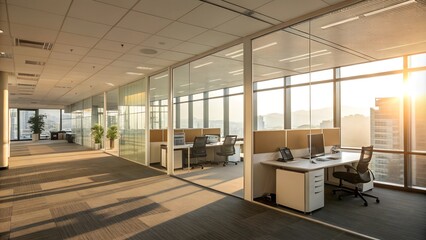 Modern office interior with glass partitions, sunlight streaming through in corporate environment