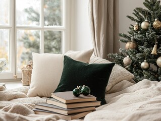 Cozy sofa with green pillow and books by Christmas tree.