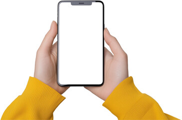 Wall Mural - mockup hand hold phone isolated on transparent background empty screen with clipping path, two hand 