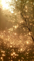 Wall Mural - A single tree stands silhouetted against a backdrop of shimmering golden lights, creating an ethereal and magical atmosphere.