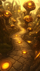 Wall Mural - A winding cobblestone path leads through a mystical forest of glowing mushrooms.
