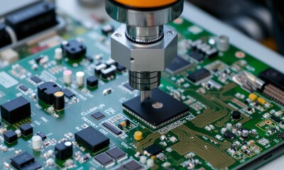 a robotic tool assembling a circuit board with intricate detail