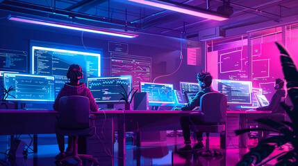 A scene showcasing a team of software developers collaborating, coding, and testing applications in a modern development environment.