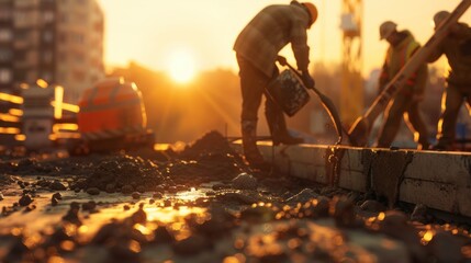 construction workers pouring concrete into a beam formwork on a building site