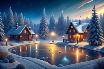 Wall Mural - Illustration of a winter fairytale landscape. Cozy houses, fir trees in the snow and a frozen lake