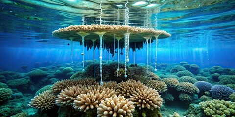 Coral reef with dripping slime forming a puddle on the ocean floor, coral reefs, ocean floor, underwater, marine life