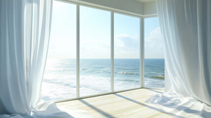 Wall Mural - breezy coastal view of the ocean framed by sheer white curtains in a bright room during a sunny day