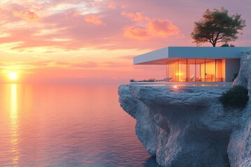 Wall Mural - Modern Cliffside House with Infinity Pool and Sunset View