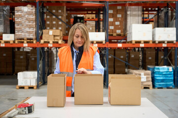 Warehouse worker preparing cardboard boxes for shipping in logistics center