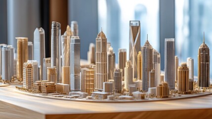 A detailed model of a modern city with tall skyscrapers, office buildings, and residential towers on a wooden base.