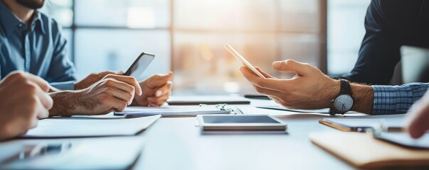 A group of professionals engaged in a business meeting, using mobile devices and discussing strategies, fostering collaboration and innovation in the workspace.