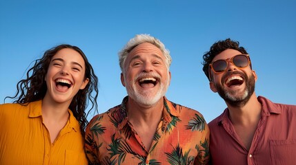 Wall Mural - Joyful friends sharing laughter against a clear blue sky