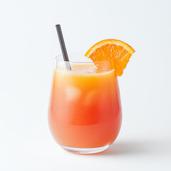 A glass of fresh orange juice with vibrant color on solid white background, single object