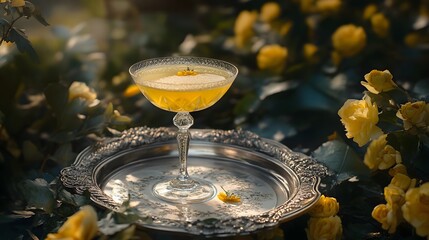 Photo of a fancy glass with a yellow cocktail on a silver tray, with a garden in the background