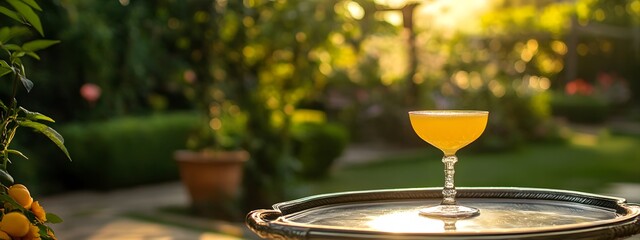 Photo of a fancy glass with a yellow cocktail on a silver tray, with a garden in the background