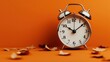 © Natalia - Silver analog alarm clock showing ten o'clock on an orange background with scattered autumn leaves, symbolizing time change or seasonal transition concept.