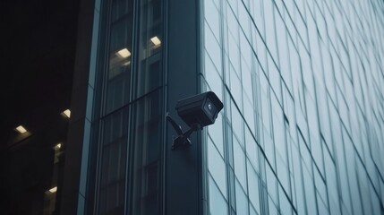 Poster - Surveillance cameras are positioned on the exterior of a contemporary office building during nighttime to enhance security measures. Generative AI