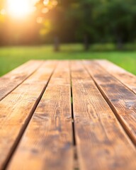 Sunlit wooden table in a serene outdoor setting