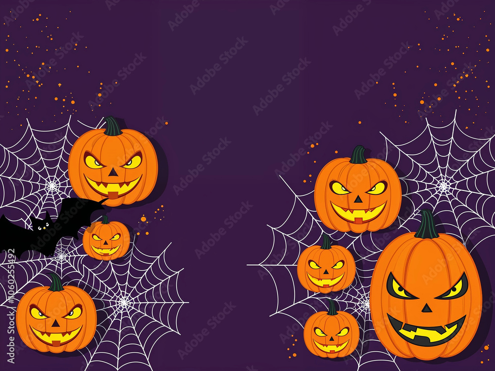 Spooky Halloween Background with Carved Pumpkins, Spider Webs, and Bats ...