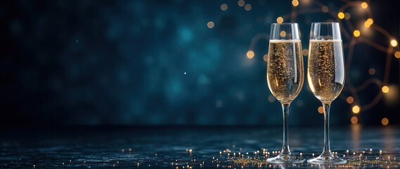 festive banner. two glasses of champagne on dark blue background with christmas tree with lights bok