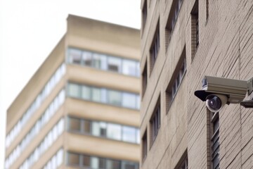 Poster - The surveillance cameras are installed on the side of an office building, ensuring security in a busy urban area during daylight. Generative AI