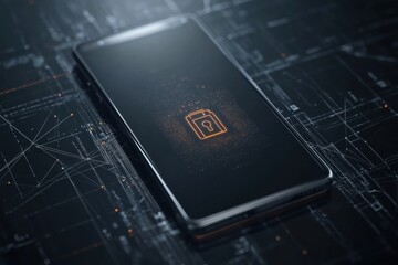 Leinwandbilder - A smartphone shows a prominent lock icon on the screen, symbolizing security amidst a modern digital design backdrop. Generative AI