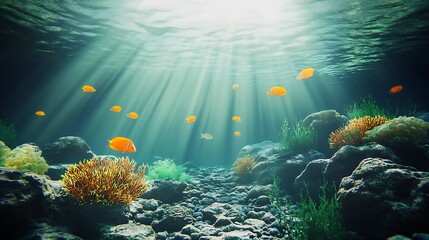 Poster - Underwater Coral Reef Scene with Sunlit Rays and Vibrant Orange Fish in a Serene Aquatic Environment : Generative AI