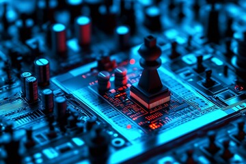 Fototapete - Futuristic Blue Circuit Board with Chess Piece as Symbolic Technology Concept : Generative AI