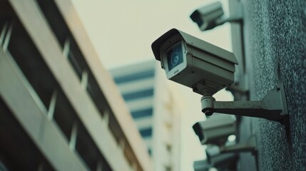 Poster - Surveillance cameras are mounted on the exterior of an office building, enhancing security in a bustling urban setting. Generative AI