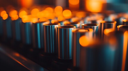 Aufkleber - Abstract Close-up of Metallic Cylindrical Components on a Factory Conveyor Belt with Glowing Ambient Lighting : Generative AI