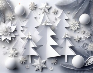 Christmas paper art composition featuring white trees and decorations