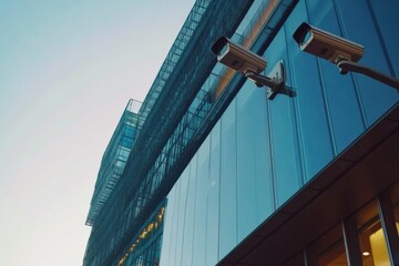 Poster - Surveillance cameras are mounted on a contemporary office building, capturing activity in a bustling urban environment during twilight. Generative AI