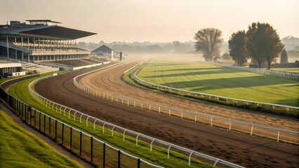 An Empty Horse Racing Track in the Early Morning, Framed by Vibrant Greenery and Bathed in Gentle Sunlight