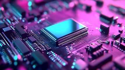 Fototapete - Detailed Pink and Blue Circuit Board with Reflective Microchip Technological Innovation : Generative AI