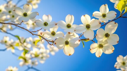 Close-up of white dogwood blossoms against a bright blue sky.