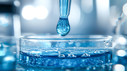 close up of water droplet falling into petri dish with blue liquid in laboratory setting science chemistry biology biotechnology research experiment new discovery medical technology