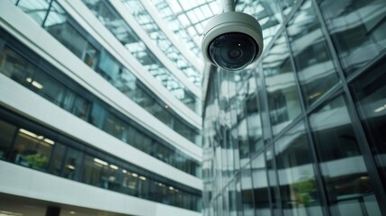 Poster - A surveillance camera is positioned in a contemporary office building, ensuring security and monitoring activities within the space. Generative AI